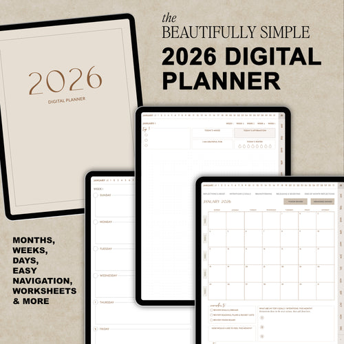 Promotional graphic for a 2026 digital planner, showing mockups with planner pages and text reading 'the BEAUTIFULLY SIMPLE 2026 DIGITAL PLANNER' on a warm beige background.