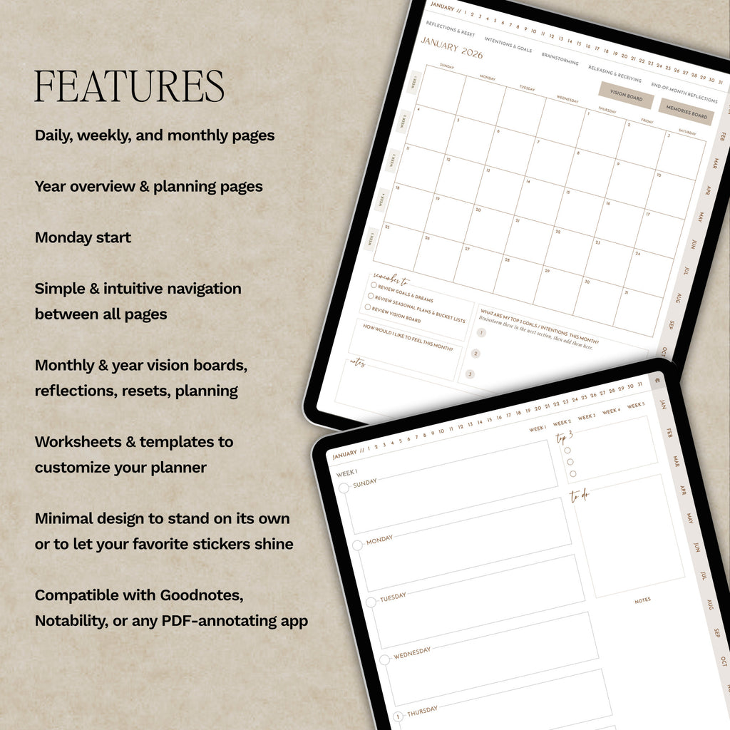 Digital planner pages shown on two tablet screens with a features list on a beige textured background. The planner pages display a minimalist monthly layout with a Monday start, year overview, weekly and monthly grids, and space for notes, reflections, and stickers.