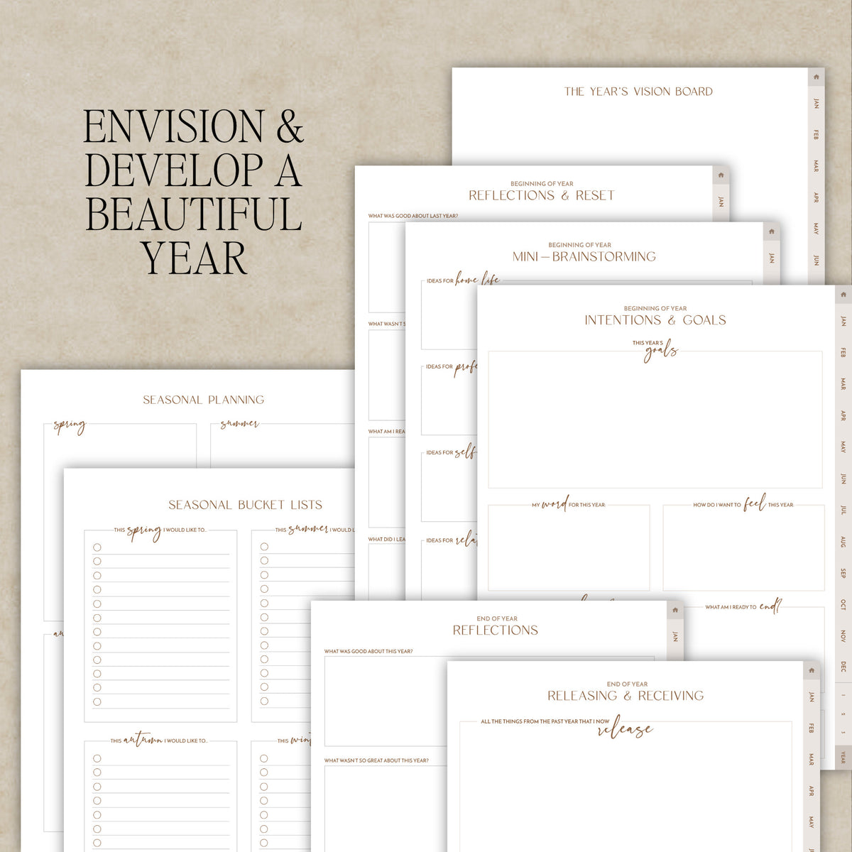 A set of white planner and journaling pages arranged on a textured beige background next to the text 'ENVISION & DEVELOP A BEAUTIFUL YEAR'.