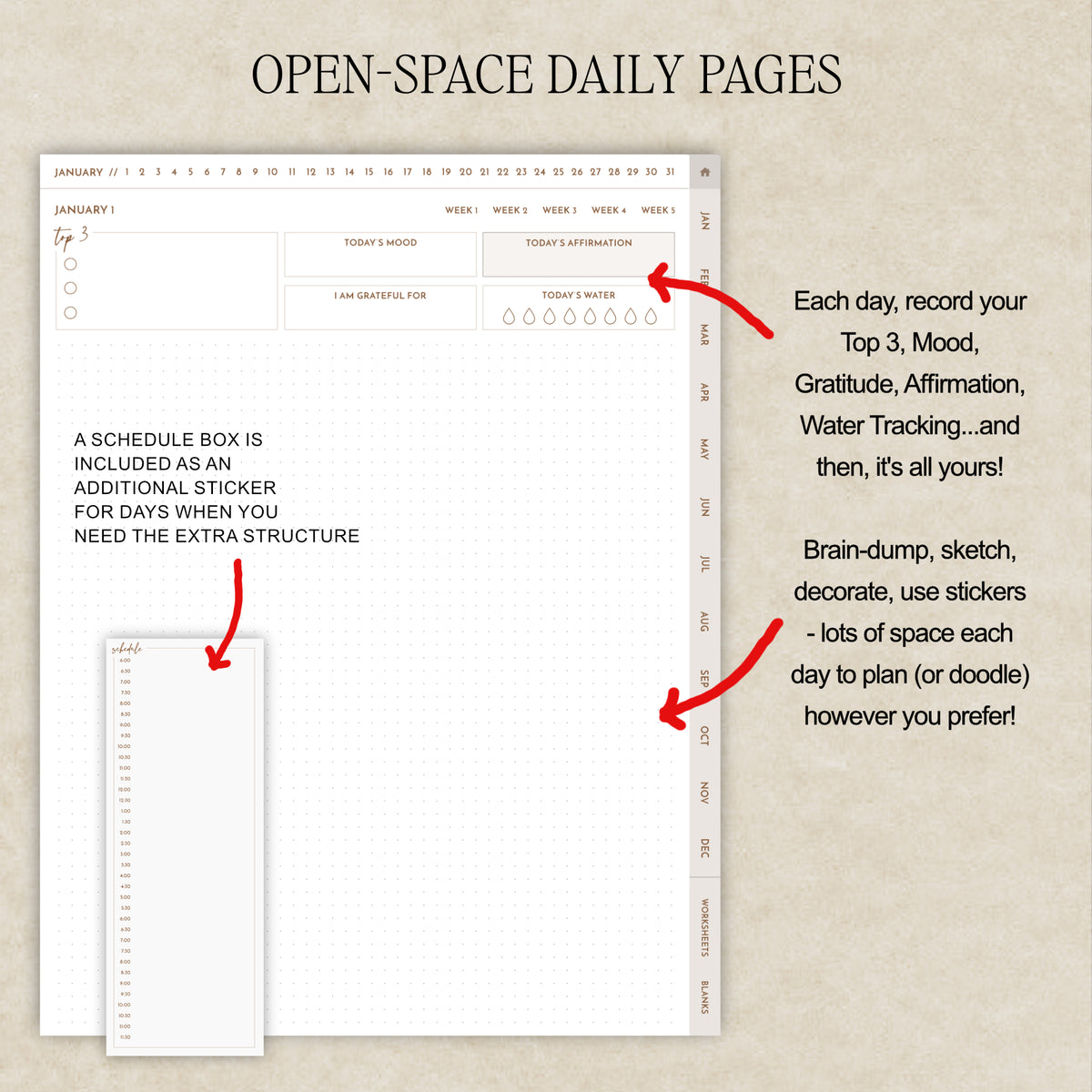 Open-space daily planner pages shown on a beige background with explanatory text and red arrows. Text notes daily recording prompts such as top 3, mood, affirmation, water tracking, and brain dump/sketch space.
