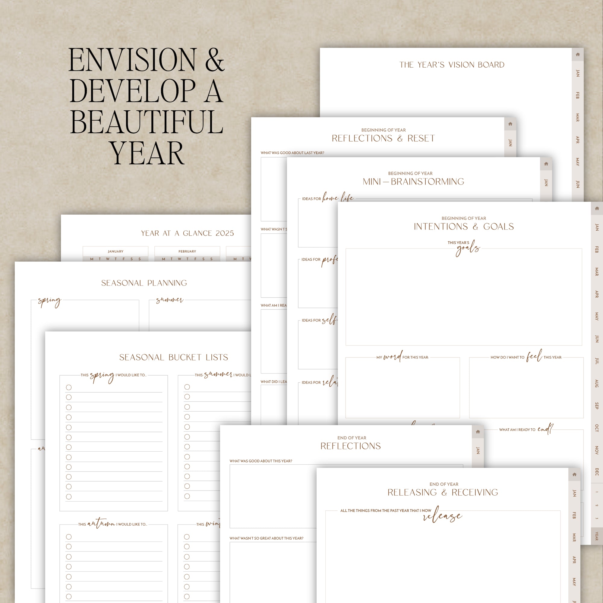 A set of digital planner pages arranged on a textured beige background, with large text reading 'ENVISION & DEVELOP A BEAUTIFUL YEAR.' The pages include sections such as the year at a glance, seasonal planning, seasonal budget lists, intentions and goals, reflections, and releasing & receiving.