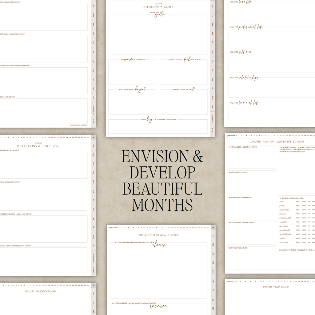 A collage of digital planner page designs arranged around a central beige panel with the text 'ENVISION & DEVELOP BEAUTIFUL MONTHS.' The surrounding pages include tracking finances, goals, and monthly plans.