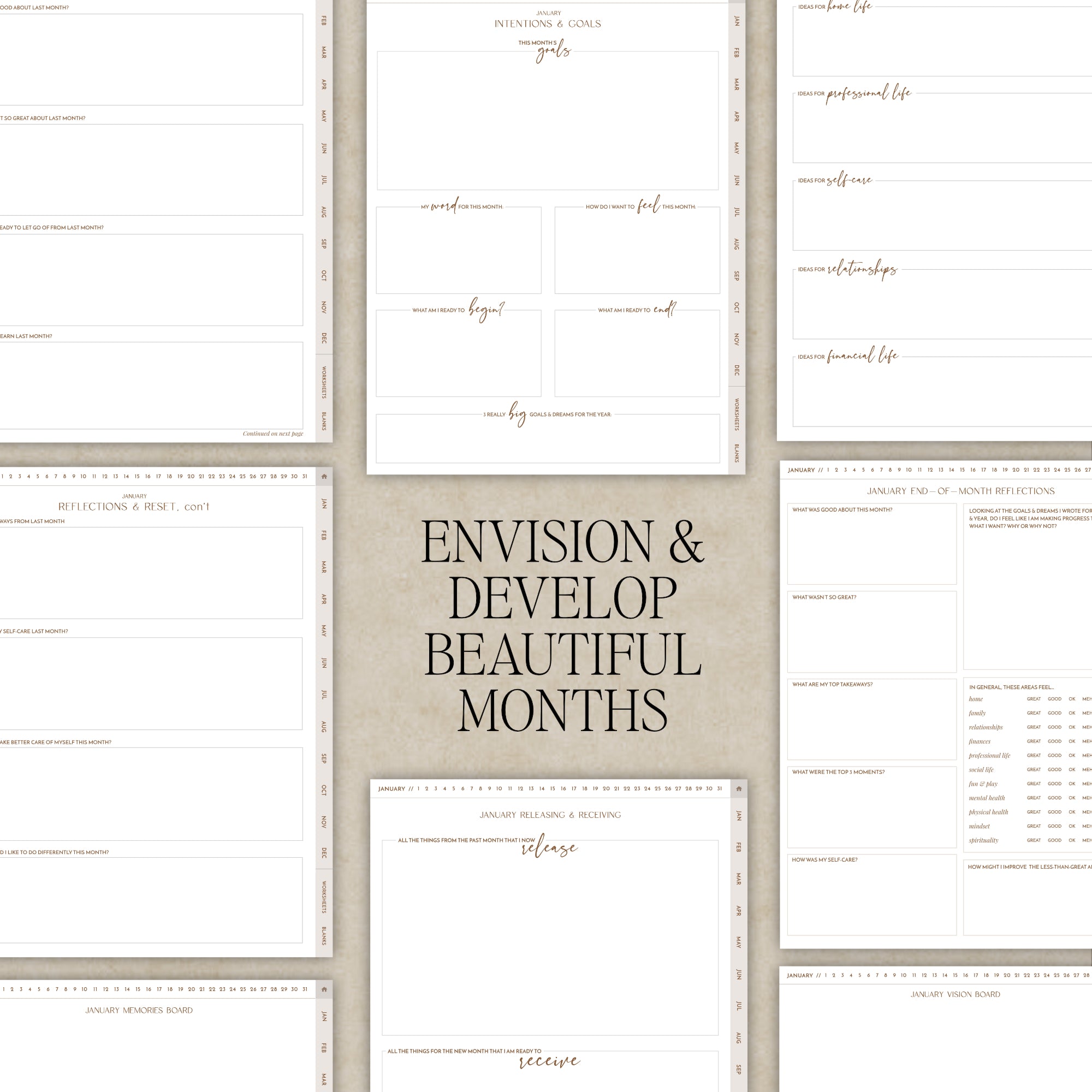 A collage of digital planner page designs arranged around a central beige panel with the text 'ENVISION & DEVELOP BEAUTIFUL MONTHS.' The surrounding pages include tracking finances, goals, and monthly plans.
