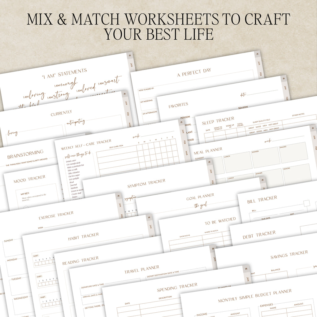 A collage of planner pages titled 'MIX & MATCH WORKSHEETS TO CRAFT YOUR BEST LIFE' on a warm beige background. The sheets include trackers and prompts such as financial, health, sleep, goals, and habit planners.