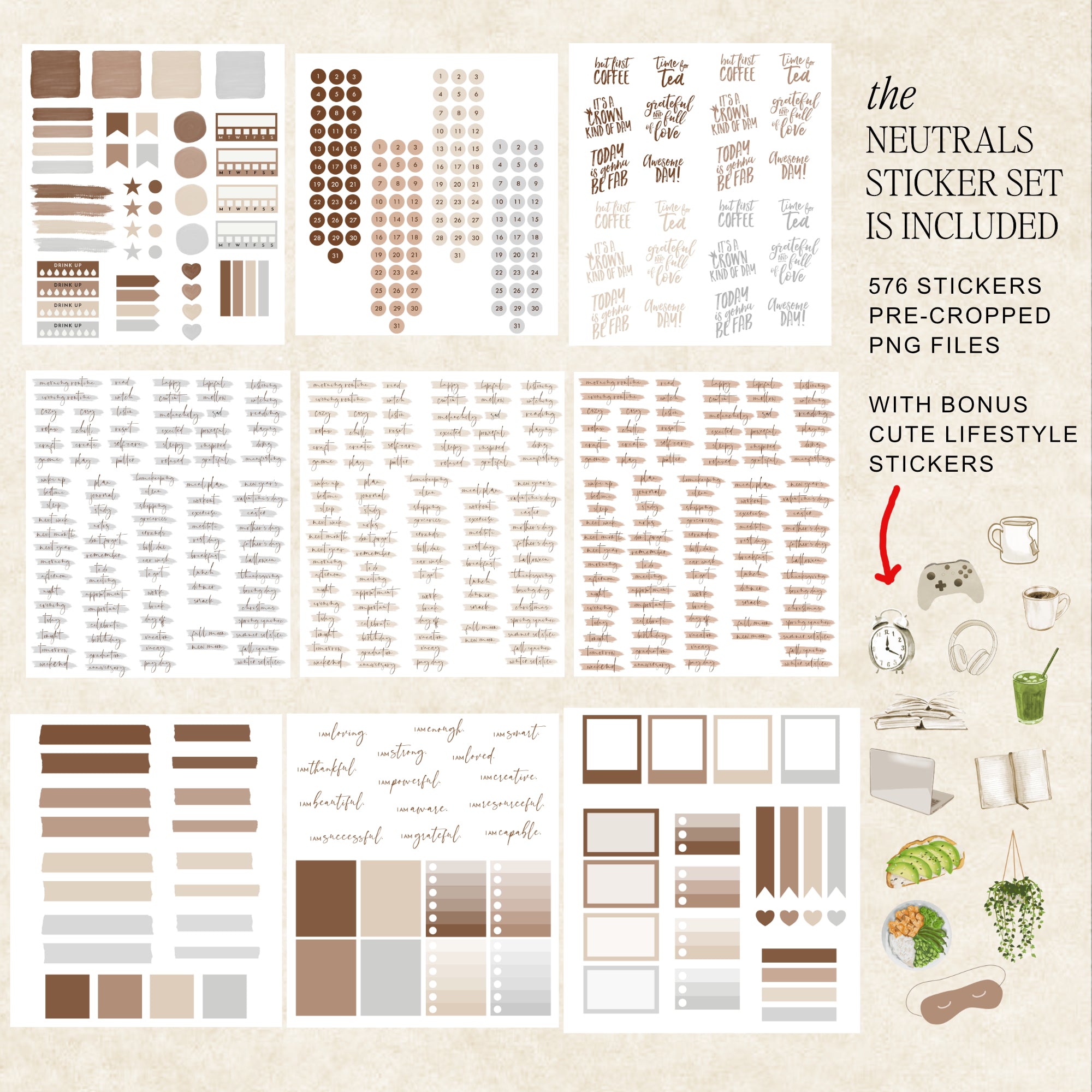 A collage-style product listing graphic for a neutral sticker set. The image shows multiple sheets of stickers in beige, taupe, brown, cream, and white tones, including labels, tags, circles, bars, and decorative elements.