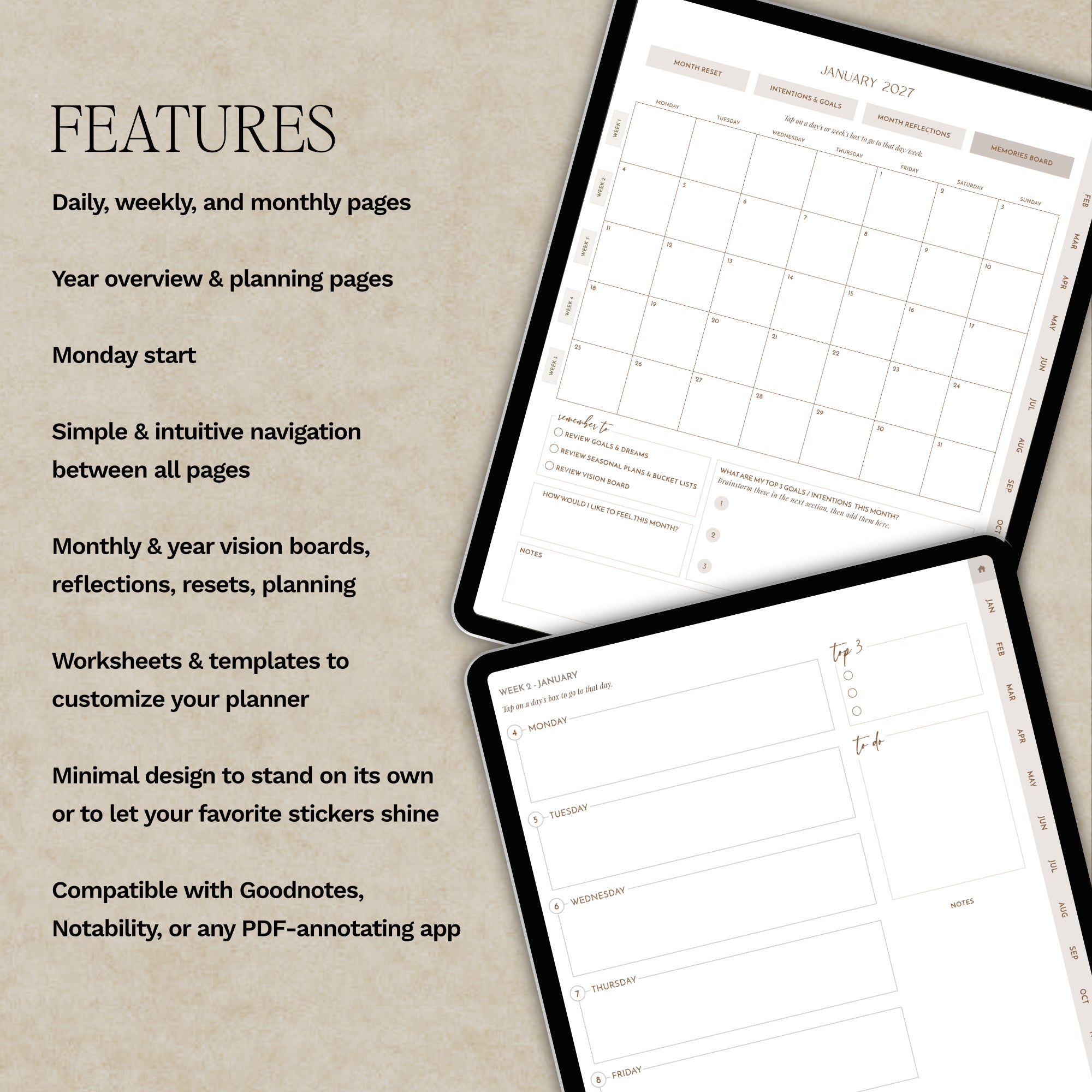 Digital planner shown on two tablet screens with feature text on a beige background. The planner pages include monthly calendars, weekly layouts, year overview pages, and reflection sections.