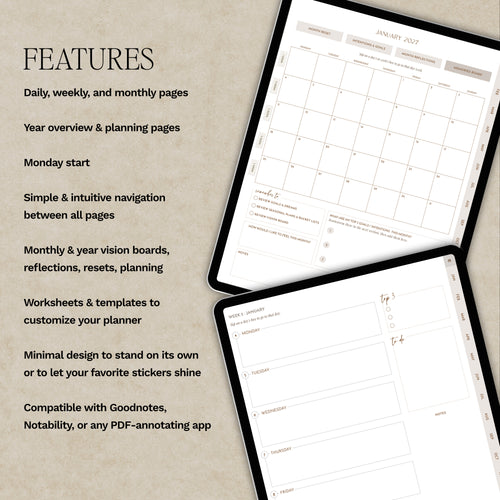Digital planner shown on two tablet screens with feature text on a beige background. The planner pages include monthly calendars, weekly layouts, year overview pages, and reflection sections.