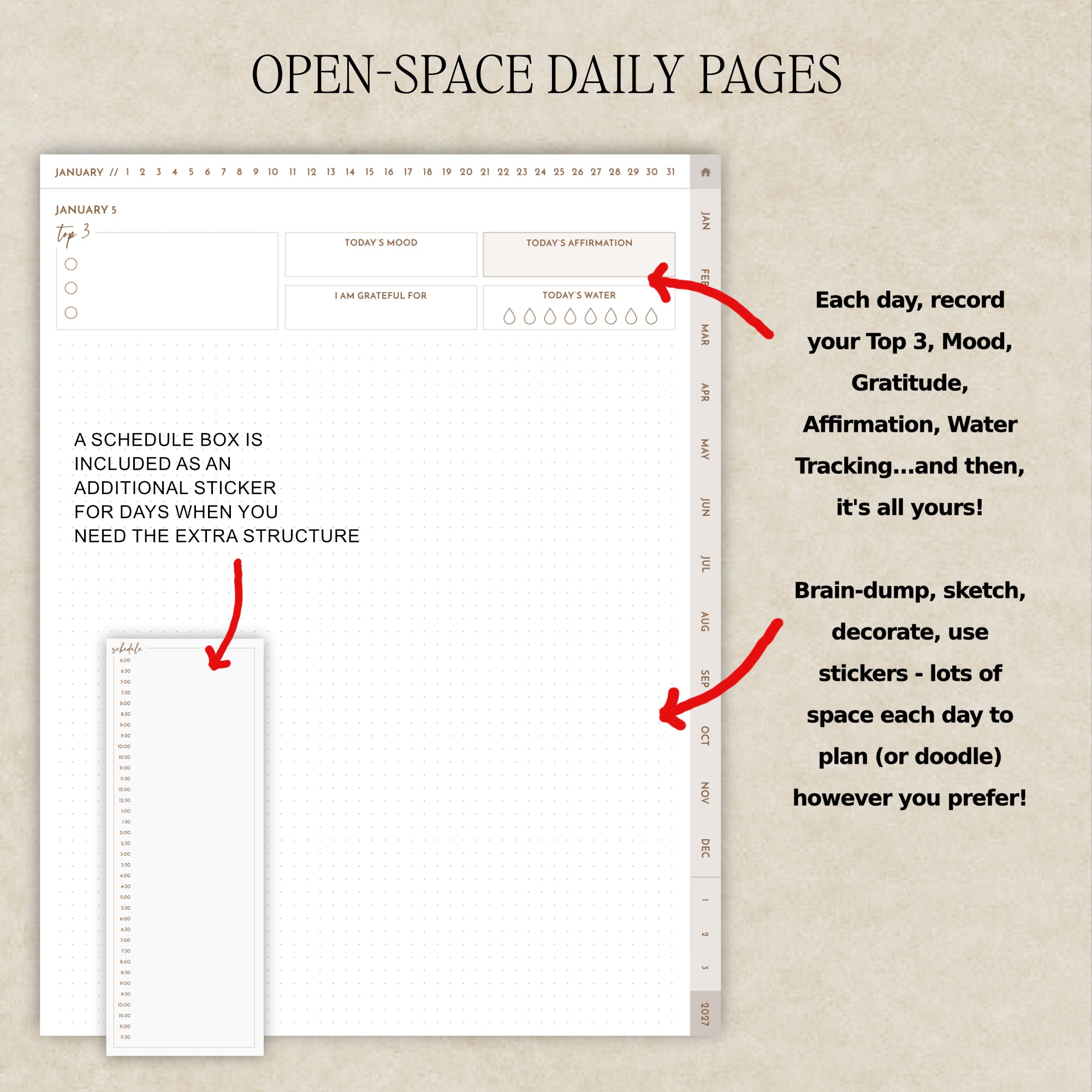 Open-space daily planner page shown on a beige background with descriptive text and red arrows. The page includes an overview section at the top and a main daily log area.