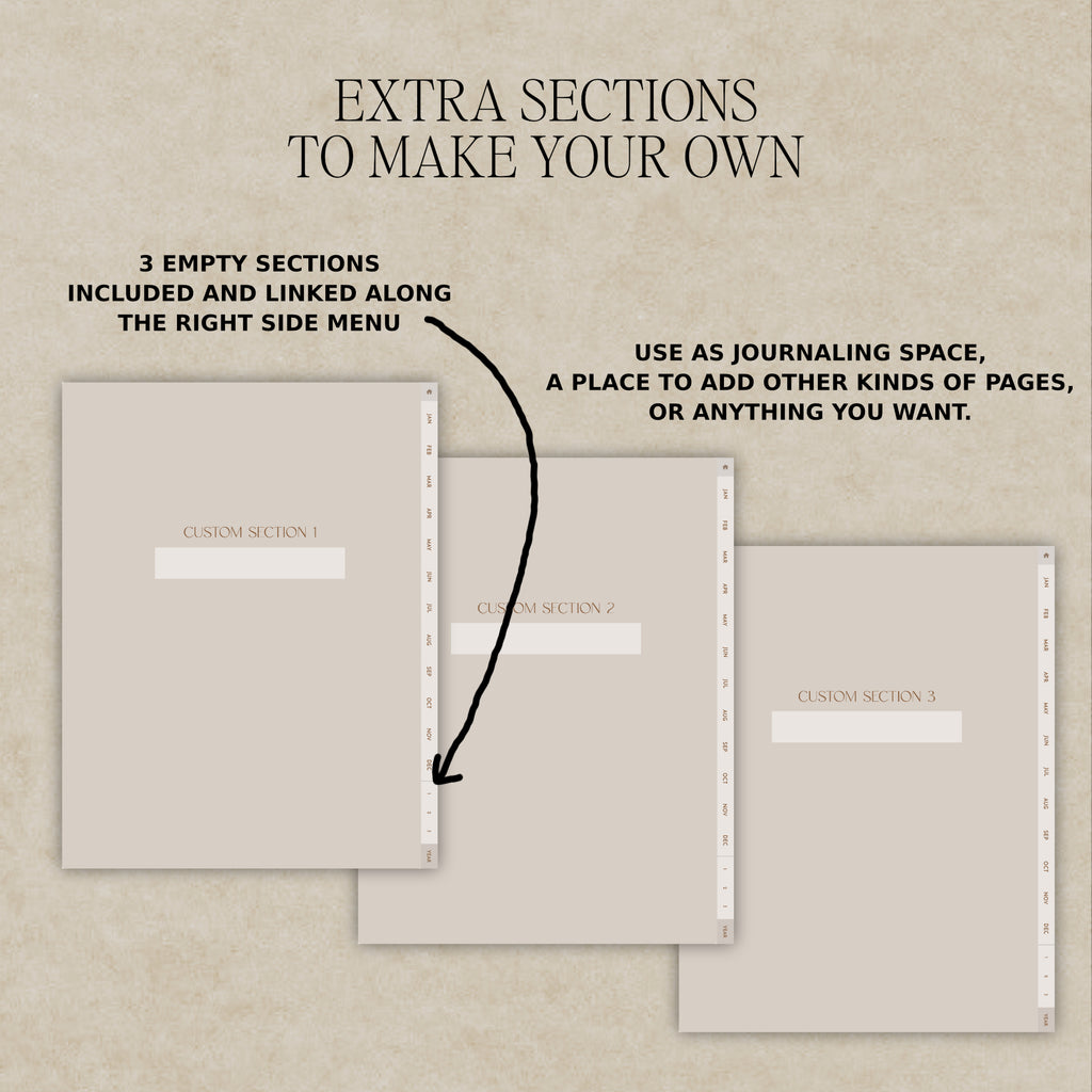 Instructional graphic showing three beige journal pages with page numbers on the right side and text explaining how to make your own extra sections, with one page highlighted and a curved arrow pointing to it.