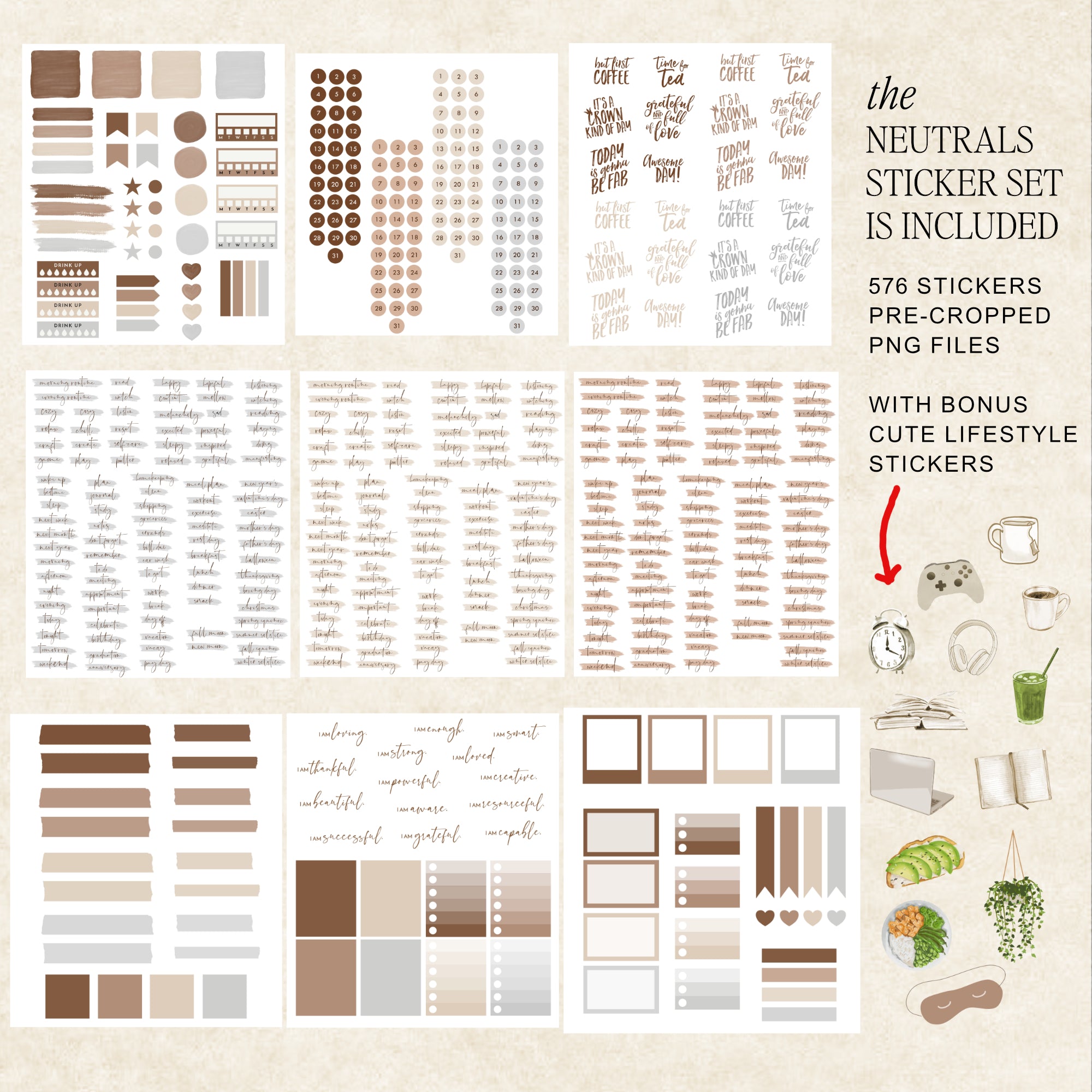 A collage-style graphic showing a neutral sticker set. The image shows multiple sheets of stickers in beige, taupe, brown, cream, and white tones, including labels, tags, circles, bars, and decorative elements.