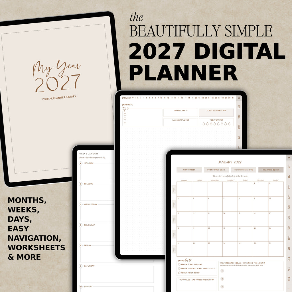 Digital planner cover and sample pages for a 2027 digital planner arranged on a beige textured background with large text reading 'the BEAUTIFULLY SIMPLE 2027 DIGITAL PLANNER'.