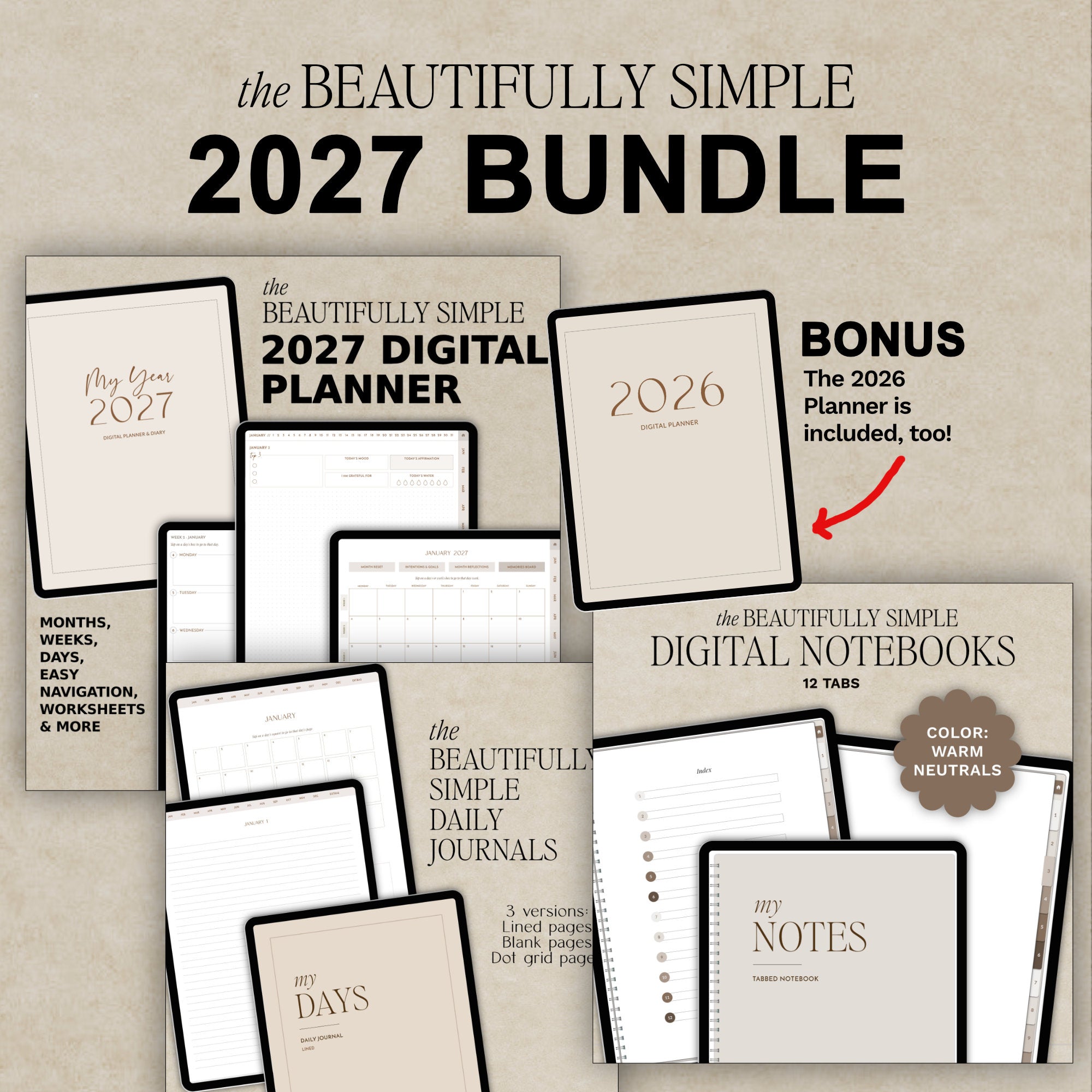 Promotional collage for the Beautifully Simple 2027 Bundle, showing the included items arranged on a warm beige background with large text reading '2027 BUNDLE' and a bonus callout for the included 2026 digital planner.