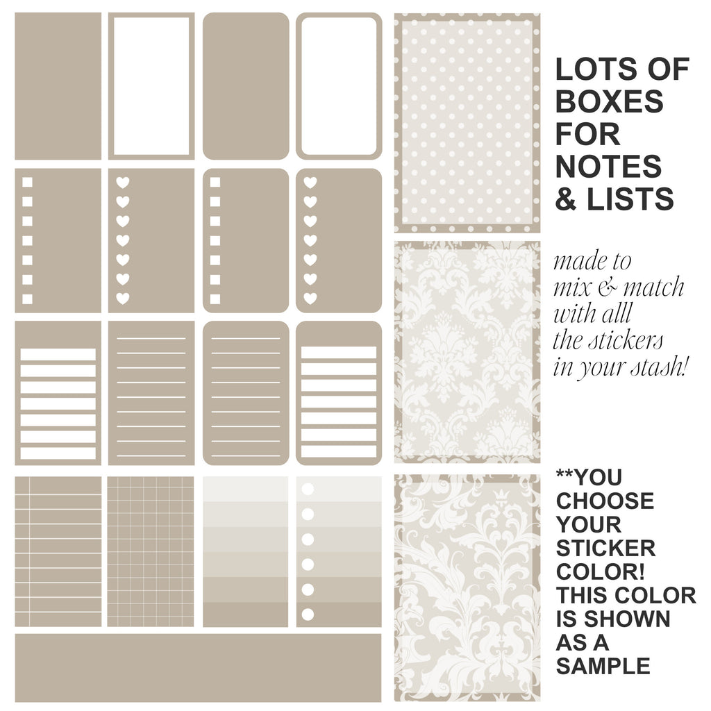 A sheet of planner stickers in a warm beige and taupe color palette, shown alongside descriptive text on a white background. The stickers include various note and list formats, checklists, lined boxes, polka dot patterns, and damask designs.