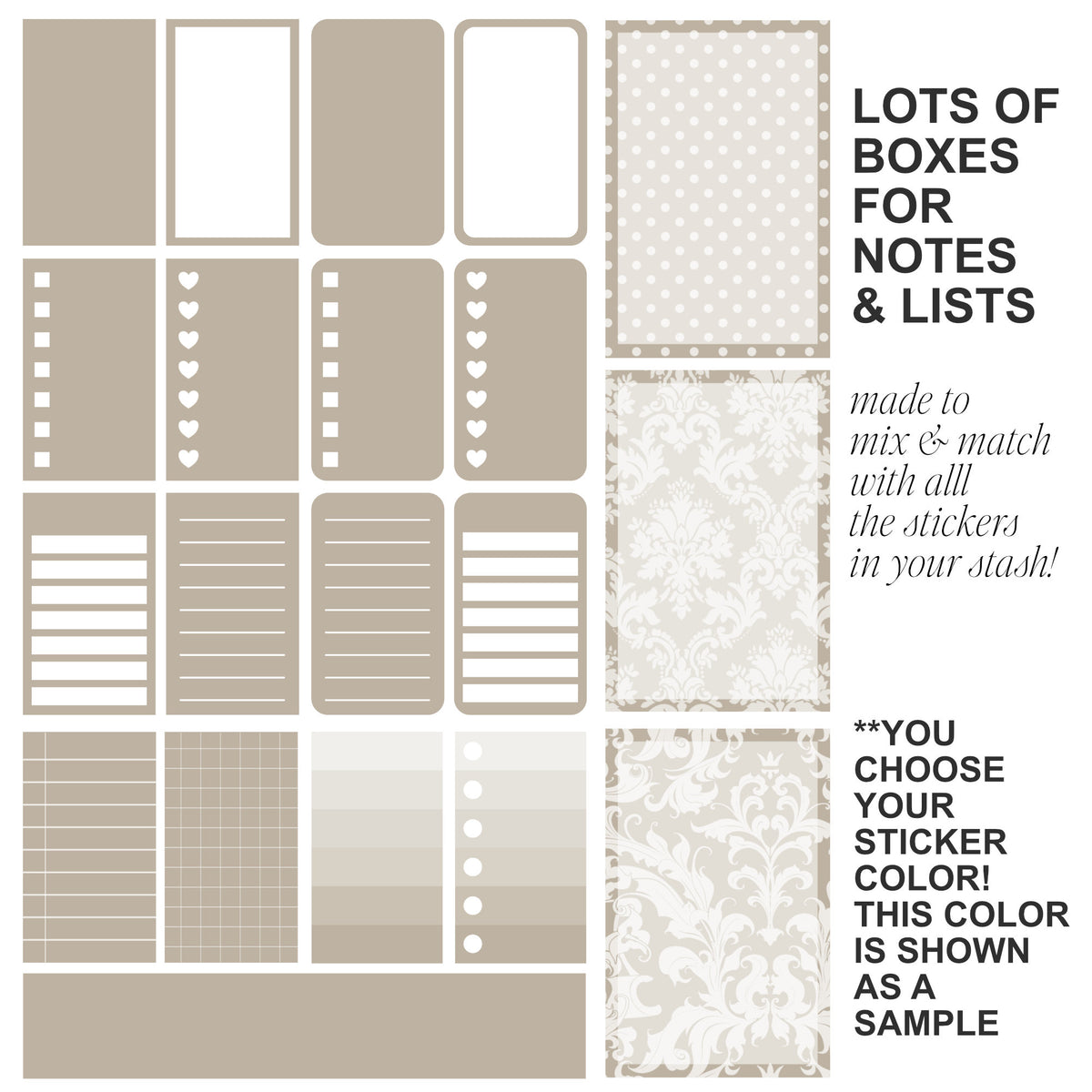 A sheet of planner stickers in a warm beige and taupe color palette, shown alongside descriptive text on a white background. The stickers include various note and list formats, checklists, lined boxes, polka dot patterns, and damask designs.