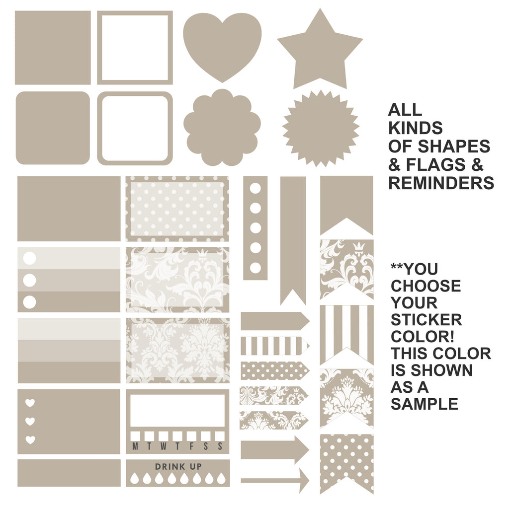 A sheet of planner sticker templates in a warm taupe/beige color on a white background, featuring various shapes, flags, reminders, stripes, polka dots, and damask patterns. Text on the right explains that all kinds of shapes and flags are included and that the color shown is a sample.