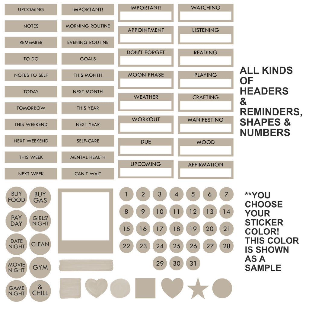A sheet of beige planner stickers with various labels, checkboxes, circles, and numbers, shown on a white background with descriptive text.