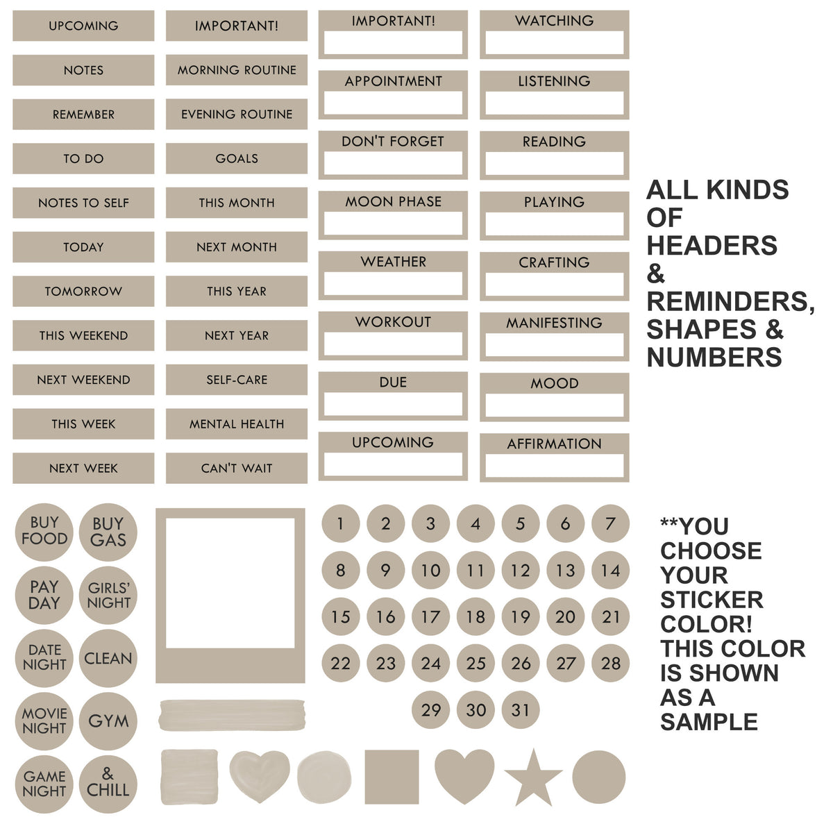 A sheet of beige planner stickers with various labels, checkboxes, circles, and numbers, shown on a white background with descriptive text.