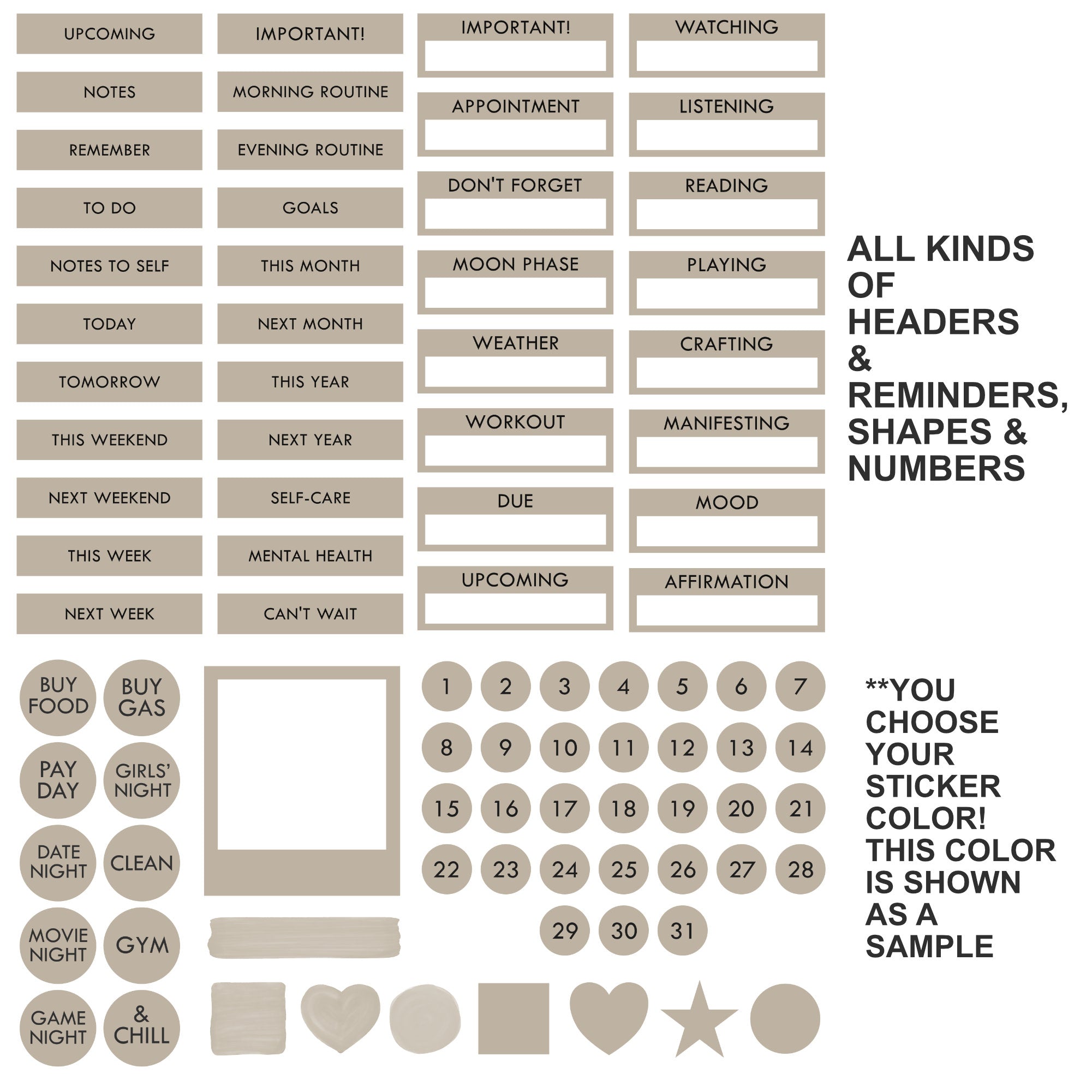 A sheet of beige planner stickers with various labels, checkboxes, circles, and numbers, shown on a white background with descriptive text.