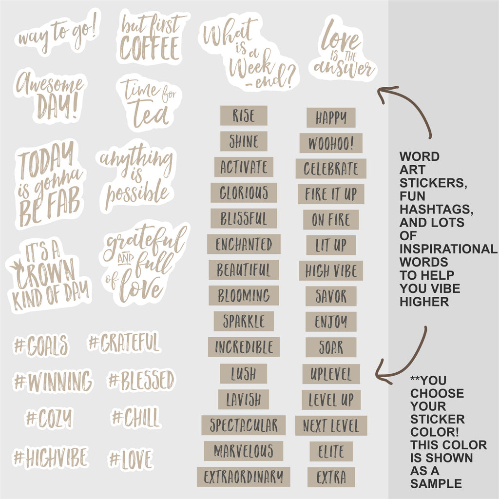 A digital graphic displaying various sticker designs and text elements in a coordinated beige and taupe color palette, with handwritten-style labels and motivational phrases on a light gray background.