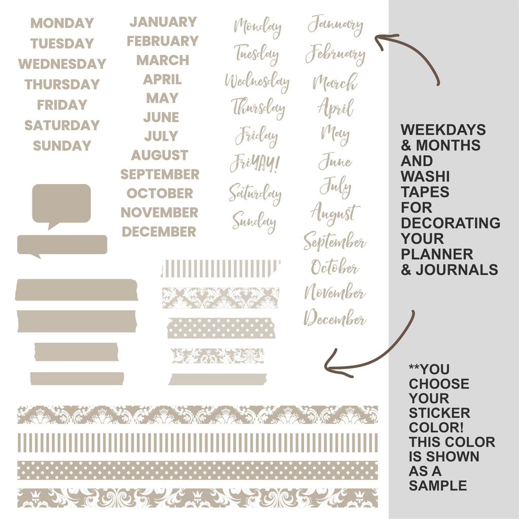 A planner sticker sheet showing various weekday, monthly, and decorative washi tape designs in a warm beige and taupe color palette on a white background with a gray sidebar.