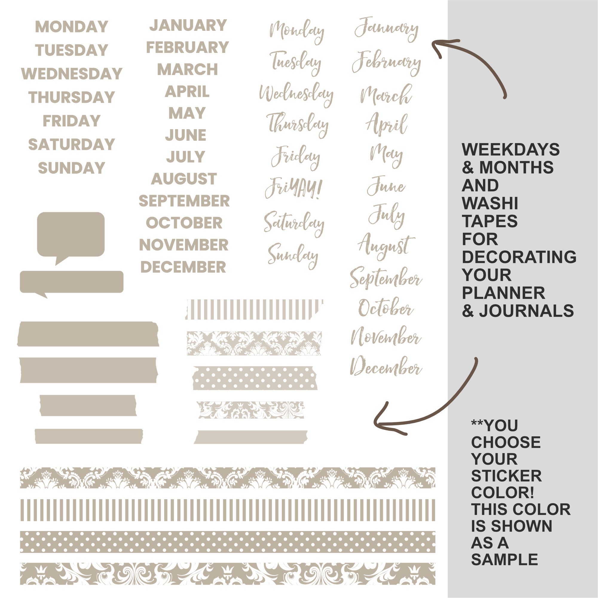 A planner sticker sheet showing various weekday, monthly, and decorative washi tape designs in a warm beige and taupe color palette on a white background with a gray sidebar.
