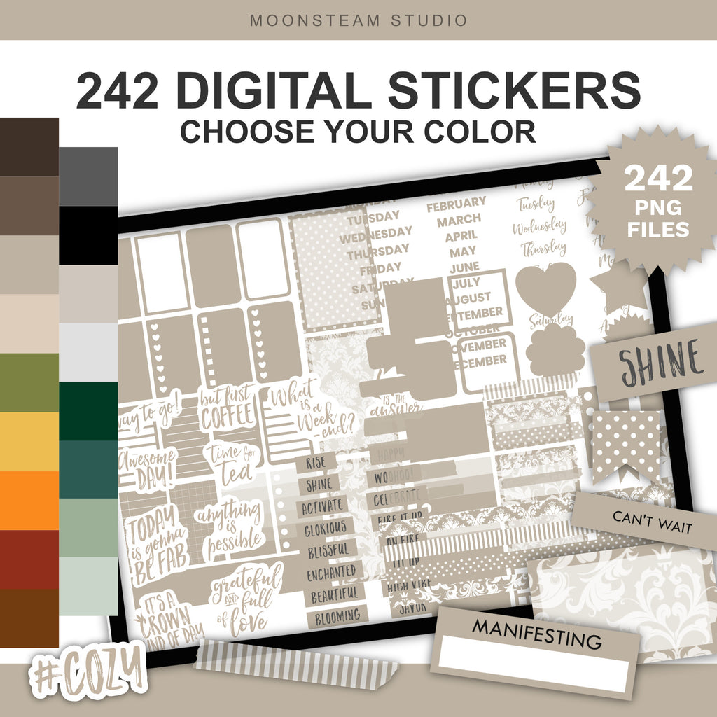 Digital planner sticker pack preview by Moonsteam Studio featuring 242 digital stickers in a neutral color palette, but you can choose other colors. The image shows a large preview of planner stickers on a tablet screen, a vertical color swatch strip on the left, and several sample sticker labels including 'SHINE', 'CAN'T WAIT', 'MANIFESTING', and '#COZY!'.