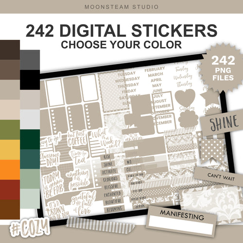 Digital planner sticker pack preview by Moonsteam Studio featuring 242 digital stickers in a neutral color palette, but you can choose other colors. The image shows a large preview of planner stickers on a tablet screen, a vertical color swatch strip on the left, and several sample sticker labels including 'SHINE', 'CAN'T WAIT', 'MANIFESTING', and '#COZY!'.