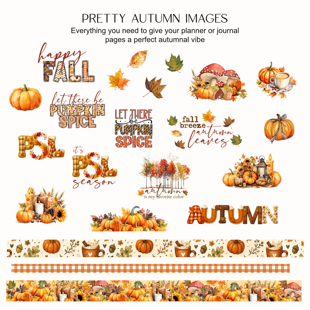 A sheet of autumn-themed planner or journaling stickers and decorative designs on a white background, with the text 'PRETTY AUTUMN IMAGES' at the top. The designs include pumpkins, fall leaves, mushrooms, autumn leaves, spice-themed phrases, floral arrangements, and patterned washi tape.
