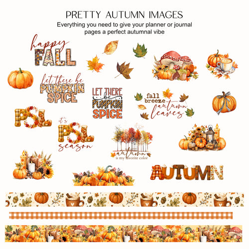A sheet of autumn-themed planner or journaling stickers and decorative designs on a white background, with the text 'PRETTY AUTUMN IMAGES' at the top. The designs include pumpkins, fall leaves, mushrooms, autumn leaves, spice-themed phrases, floral arrangements, and patterned washi tape.