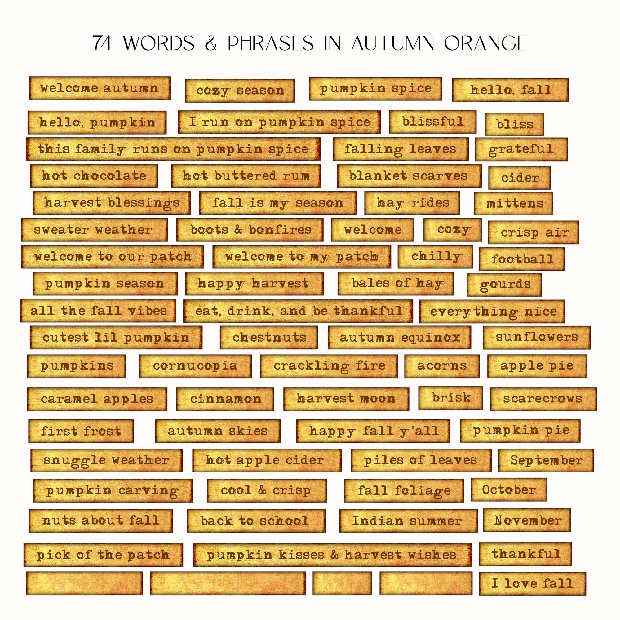 A sheet of rectangular orange labels arranged in a grid on a white background, with the heading '74 WORDS & PHRASES IN AUTUMN ORANGE' above them. The labels contain autumn-themed phrases such as 'welcome autumn,' 'pumpkin spice,' 'hello, fall,' 'harvest blessings,' 'pumpkin pie,' and 'I love fall.