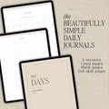 Three digital mockups of a daily journal shown on black tablet screens against a textured beige background, with text reading 'the BEAUTIFULLY SIMPLE DAILY JOURNALS' and '3 versions: Lined pages, Blank pages, Dot grid pages.'.