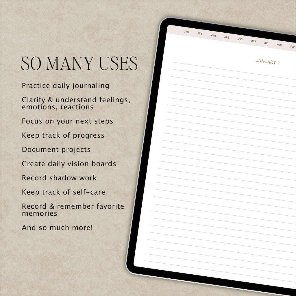 A digital daily journaling page displayed on a tablet screen, set against a textured beige background with descriptive text listing various uses of the journal.