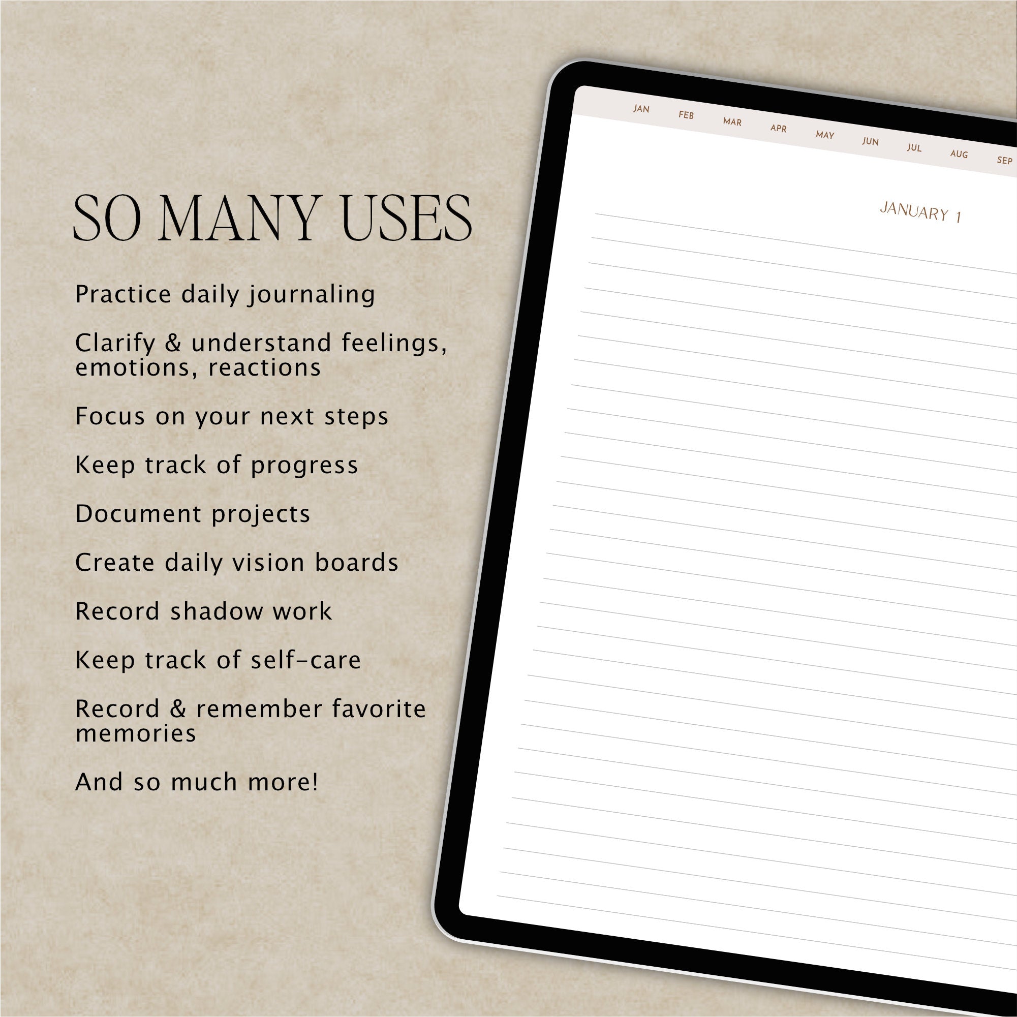 A digital daily journaling page displayed on a tablet screen, set against a textured beige background with descriptive text listing various uses of the journal.
