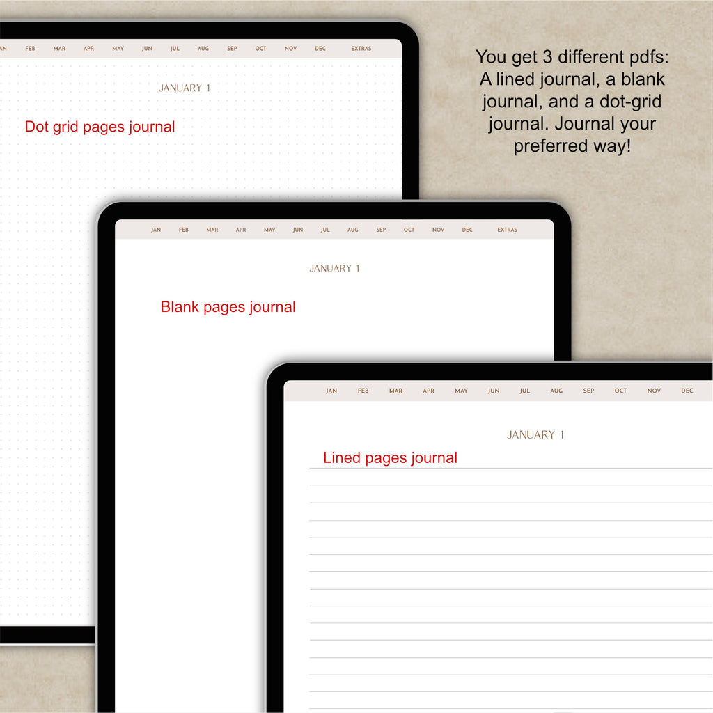 Three digital journal previews displayed on tablet screens, showing January 1 page layouts labeled Dot grid pages journal, Blank pages journal, and Lined pages journal, with promotional text on a beige textured background.