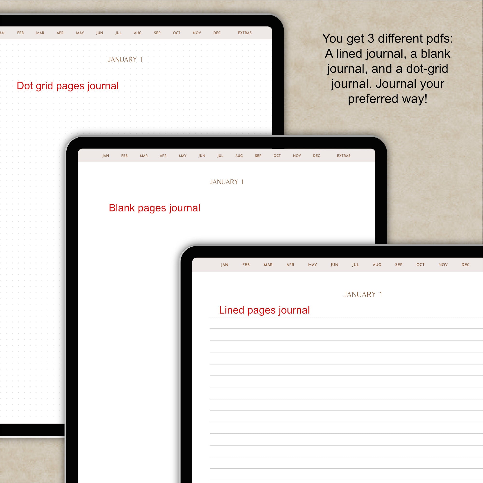 Three digital journal previews displayed on tablet screens, showing January 1 page layouts labeled Dot grid pages journal, Blank pages journal, and Lined pages journal, with promotional text on a beige textured background.