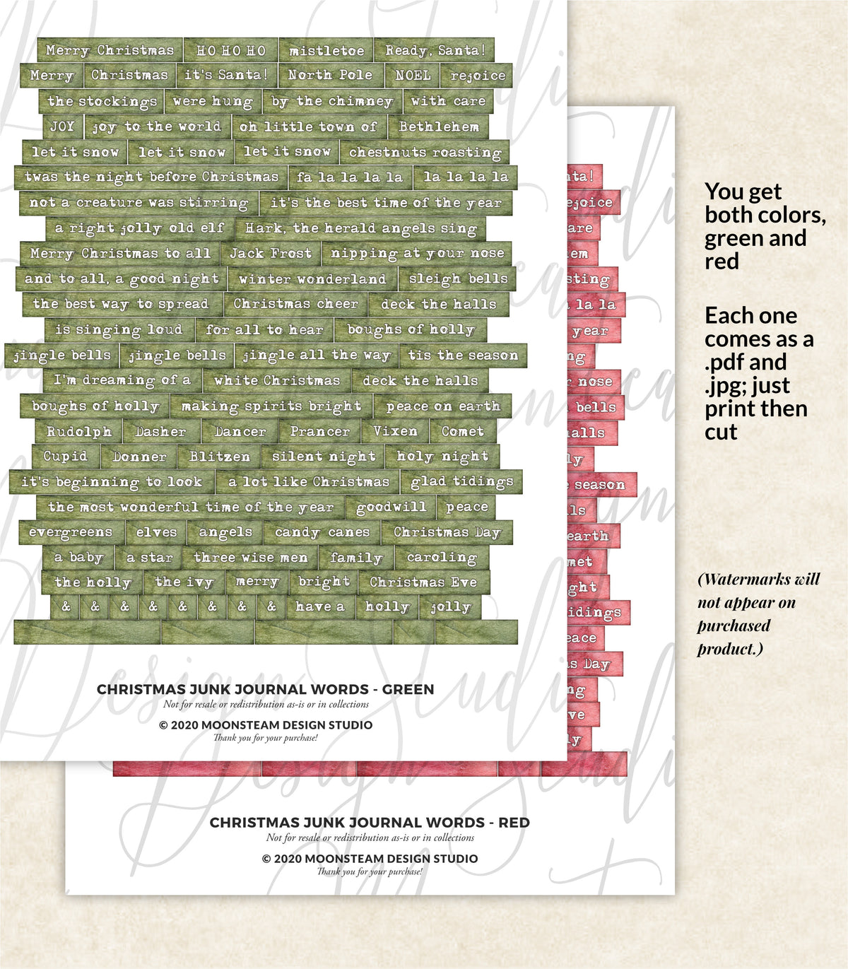 Christmas Journal Words Bundle – Red & Green Printable Ephemera