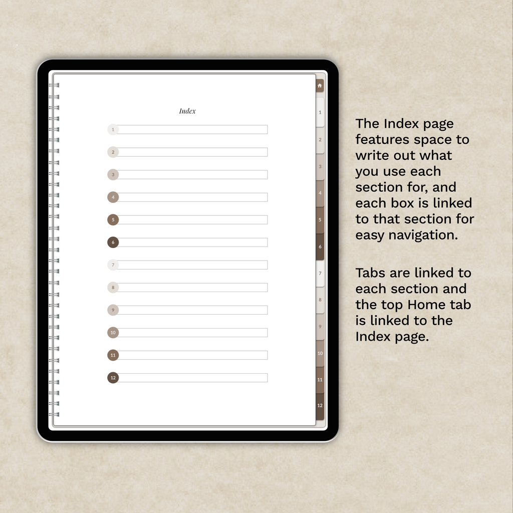 A tablet displaying an index page from a digital notebook shown on a textured beige background with descriptive text explaining the interface.