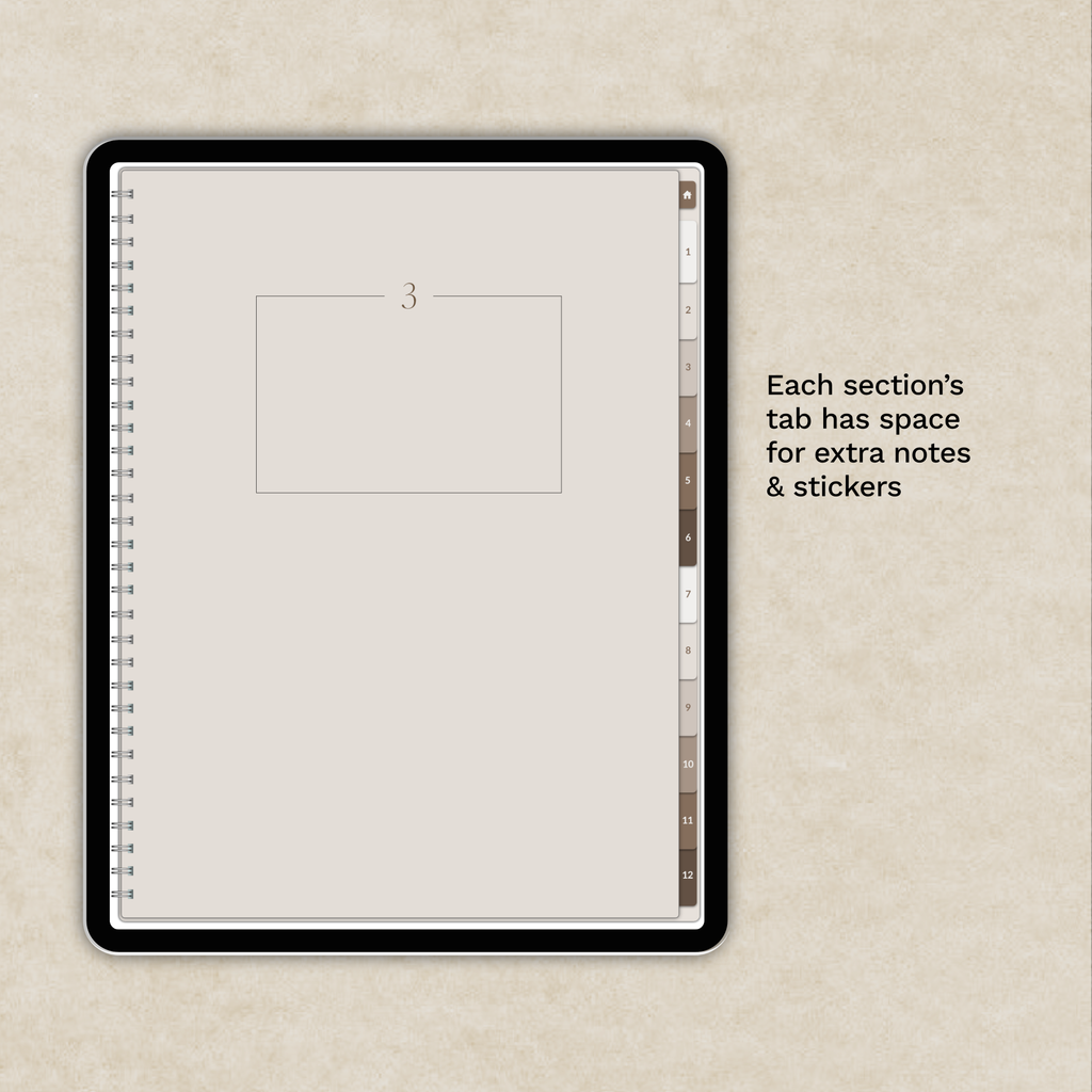 A digital notebook mockup shown on a tablet screen, with a beige page layout, spiral binding illustration, tab strip on the right, and descriptive text noting space for extra notes and stickers.