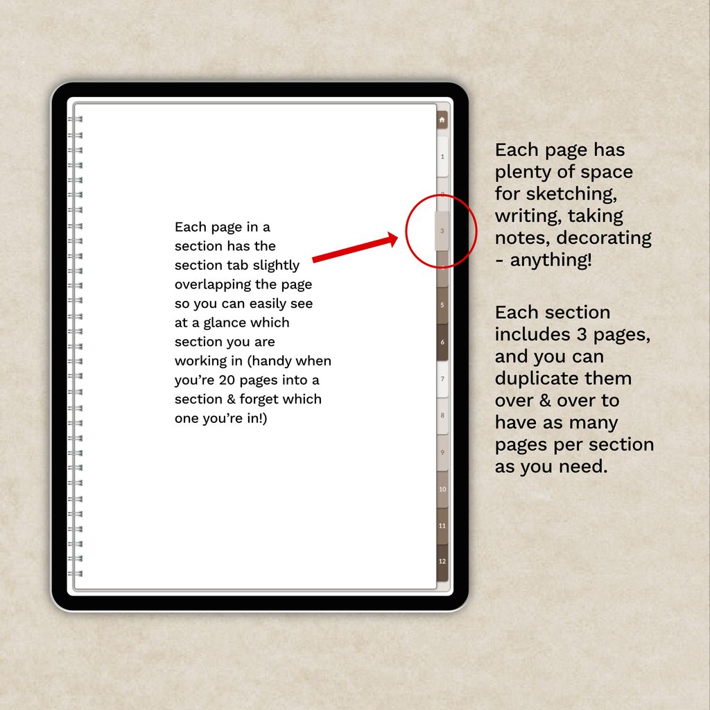 A digital mockup of a spiral-bound notebook displayed on a tablet screen, with explanatory text and a red circle highlighting a section tab on a beige textured background.