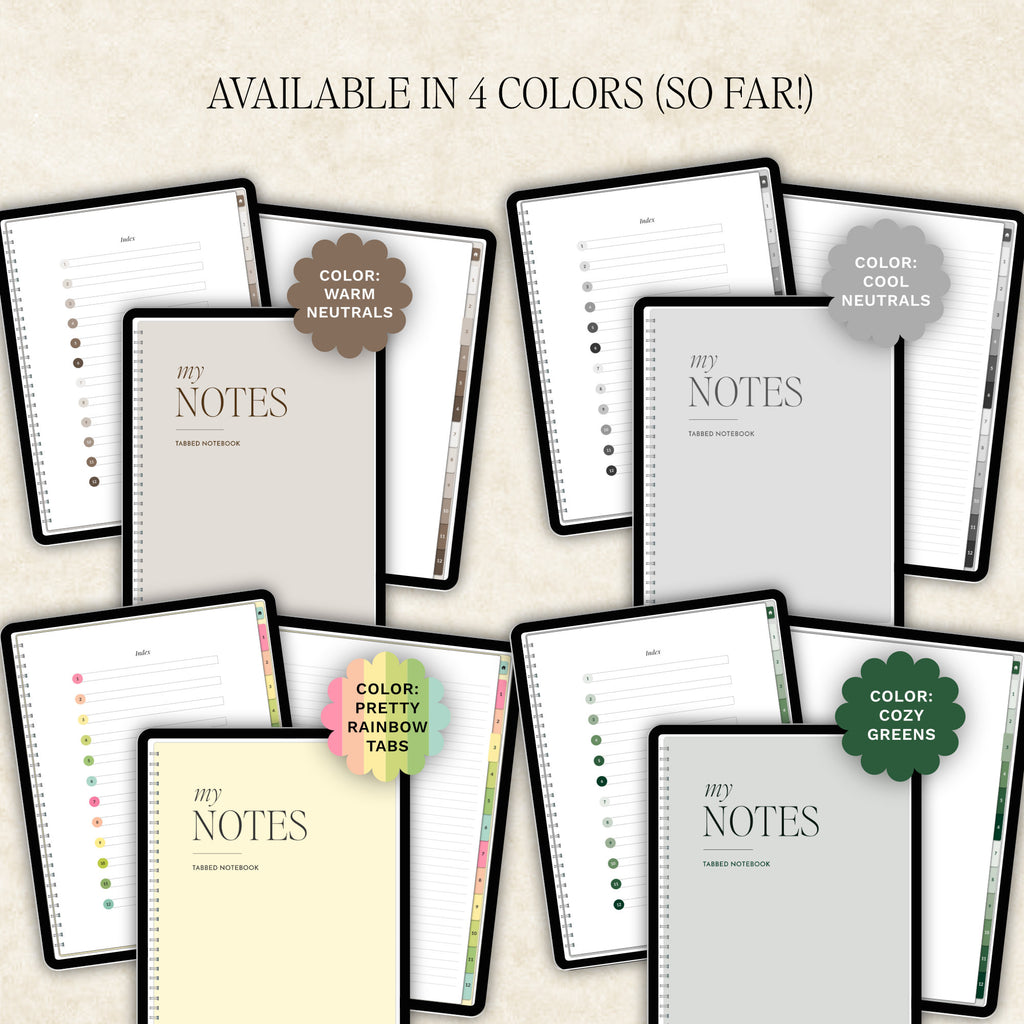 Promotional graphic for a digital notebooks set showing the 4 colors available to purchase: Warm Neutrals, Cool Neutrals, Cozy Greens, Rainbow.