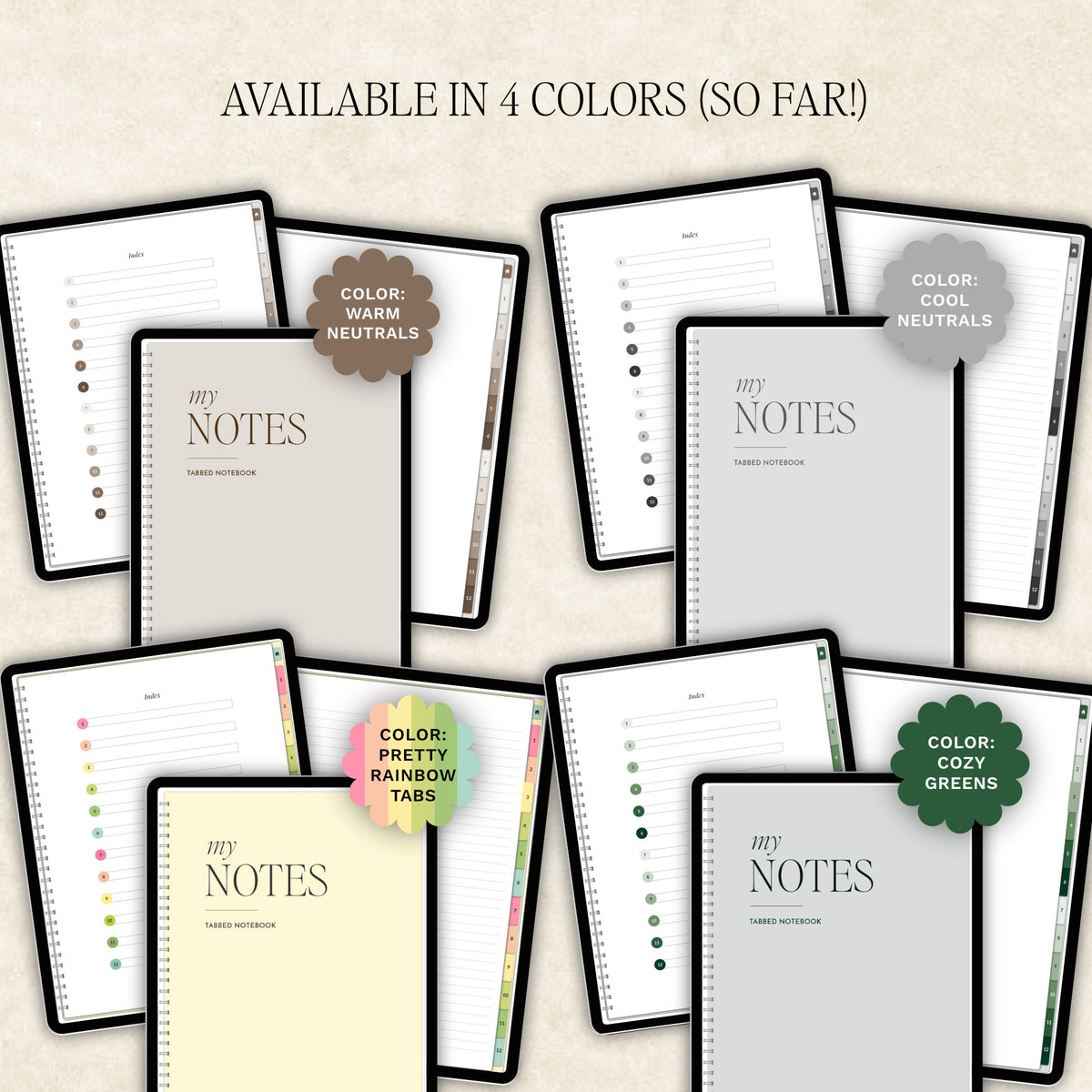 Promotional graphic for a digital notebooks set showing the 4 colors available to purchase: Warm Neutrals, Cool Neutrals, Cozy Greens, Rainbow.