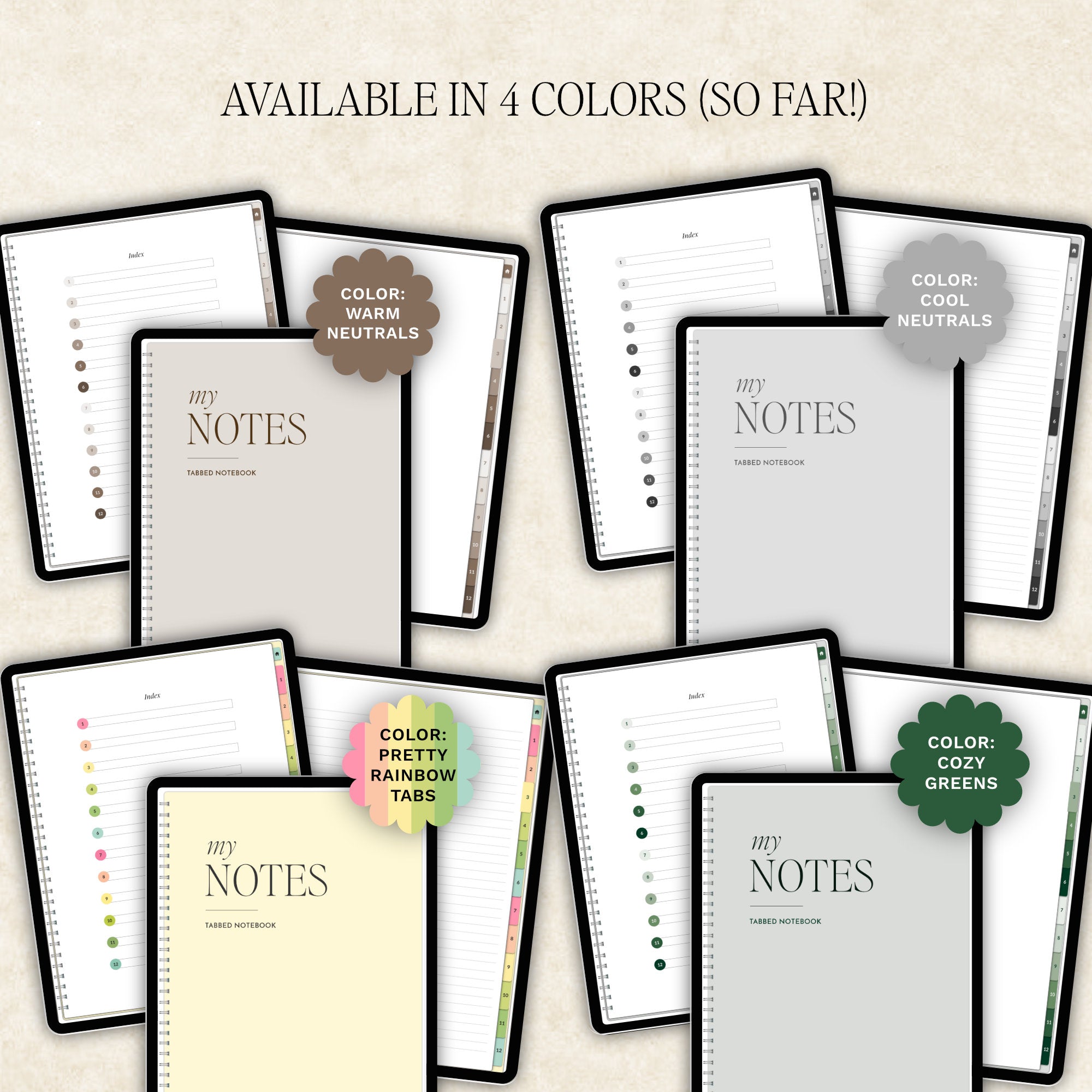 Promotional graphic for a digital notebooks set showing the 4 colors available to purchase: Warm Neutrals, Cool Neutrals, Cozy Greens, Rainbow.