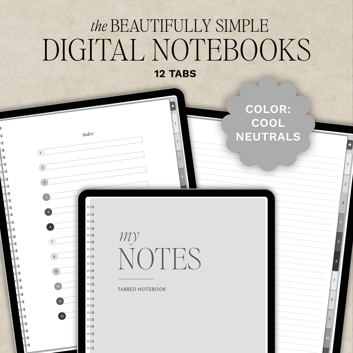 Digital product mockup for a digital notebooks set titled 'the BEAUTIFULLY SIMPLE DIGITAL NOTEBOOKS' with '12 TABS' and a gray cloud reading 'COLOR: COOL NEUTRALS.' The image shows several tablet screens displaying notebook pages: an index page, lined pages, and a title page reading 'my NOTES' with 'TABBED NOTEBOOK' below.