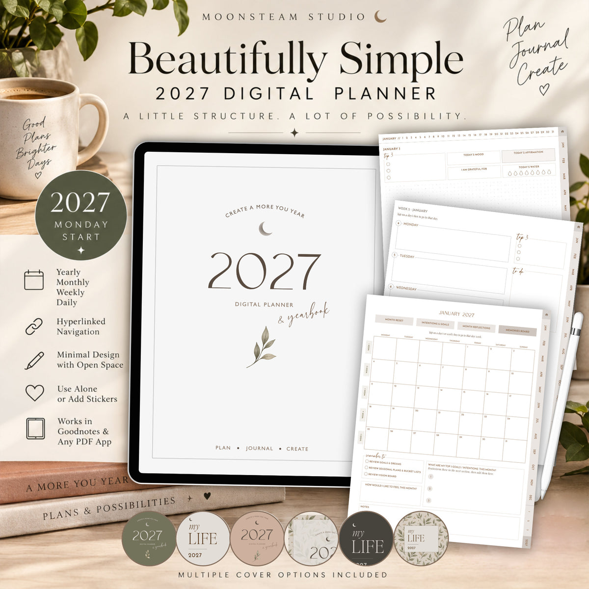 Promotional graphic for the 'Beautifully Simple 2027 Digital Planner' by Moonsteam Studio, showing a tablet with the planner cover and several preview pages of a journal and calendar layout on a styled desk background.