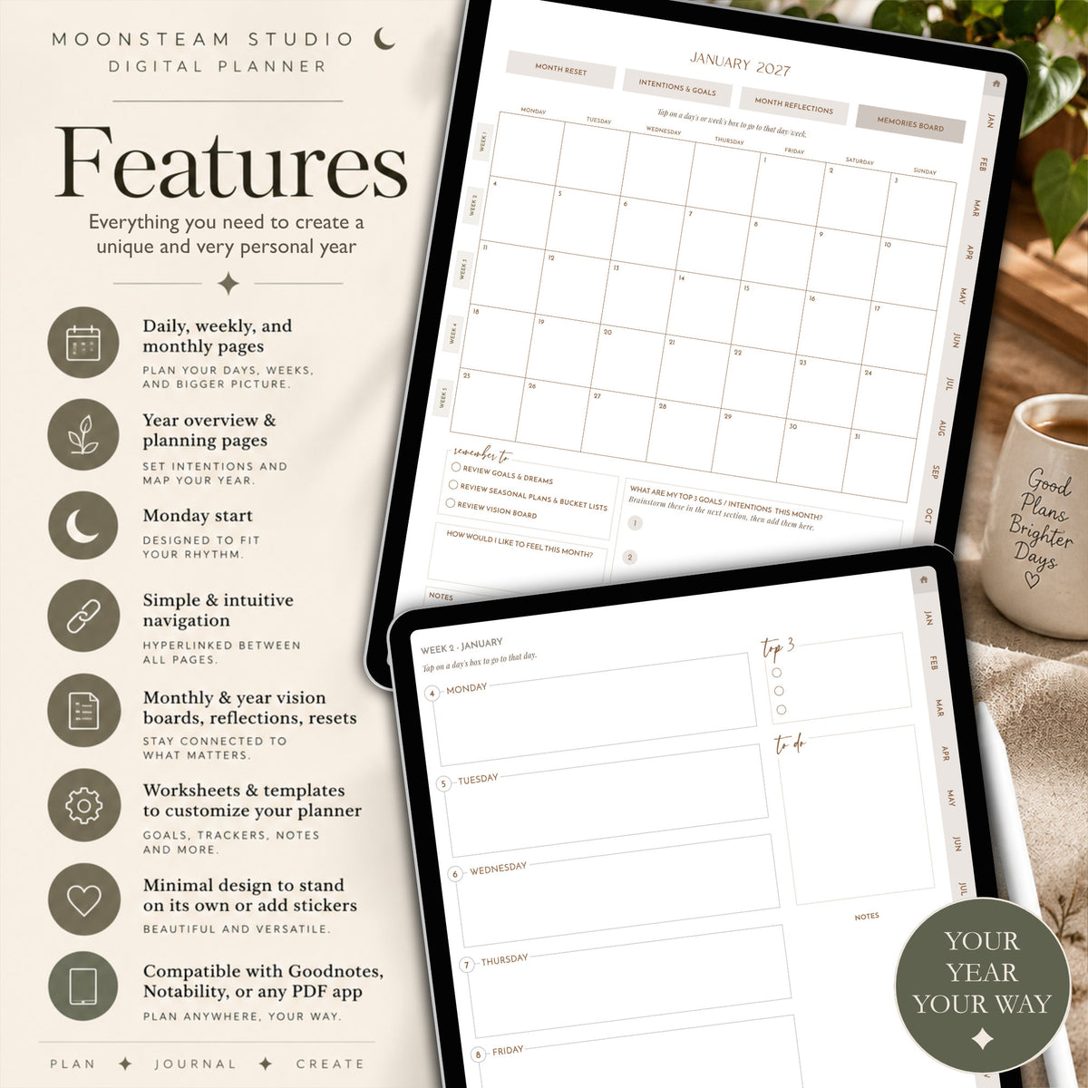 Digital planner preview collage for Moonsteam Studio's Digital Planner, showing monthly, weekly, and daily pages with feature callouts on a beige background.
