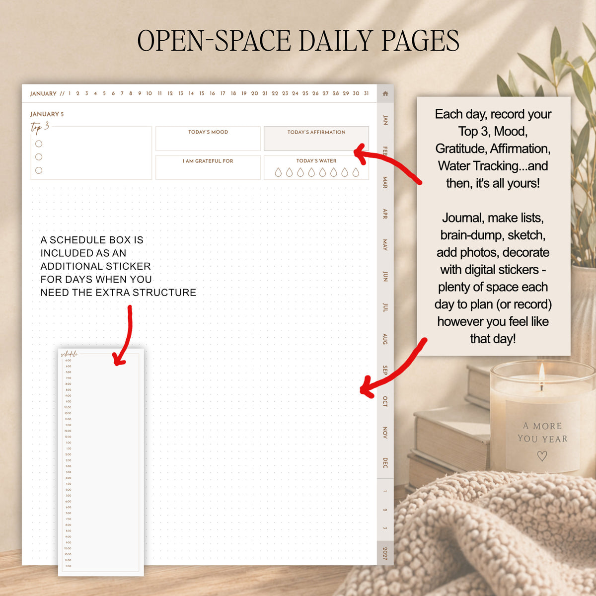Open-space daily pages planner page shown on a styled desk scene with a candle, knit blanket, and journal. It shows the space available in the planner every day to use and decorate however is preferred.