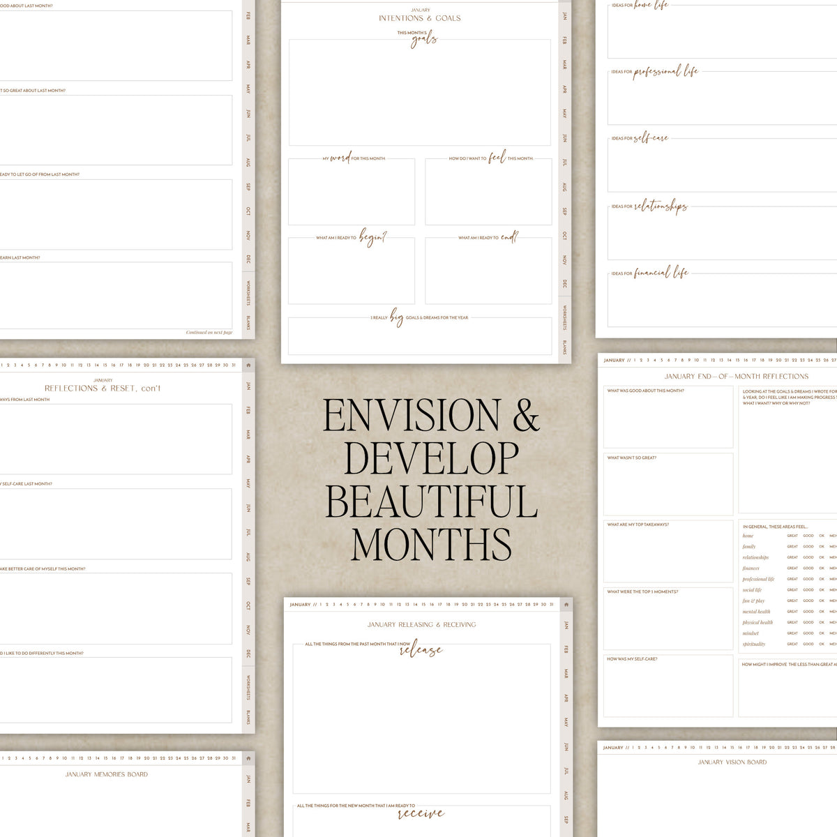 A collage of planner pages arranged around a central beige panel with the text 'ENVISION & DEVELOP BEAUTIFUL MONTHS' in dark lettering. The pages are mostly white with headings and structured sections for goals, finances, health, relationships, and reflections.