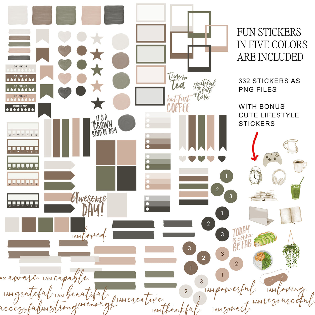 A digital preview sheet of planner sticker designs in muted beige, taupe, blush, olive, and charcoal, with text stating 'FUN STICKERS IN FIVE COLORS ARE INCLUDED' and '332 STICKERS AS PNG FILES'. The sheet shows many small rectangular, oval, and script stickers, with other shapes as well, plus a bonus lifestyle sticker cluster on the right.