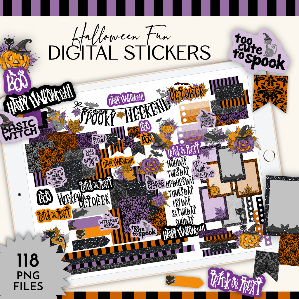 Digital sticker pack preview for Halloween-themed digital stickers, featuring a tablet displaying a collage of purple, orange, black, and white stickers with text like 'Halloween Fun', 'Digital Stickers', 'Too Cute to Spook', and '118 PNG FILES'.