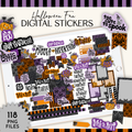 Digital sticker pack preview for Halloween-themed digital stickers, featuring a tablet displaying a collage of purple, orange, black, and white stickers with text like 'Halloween Fun', 'Digital Stickers', 'Too Cute to Spook', and '118 PNG FILES'.